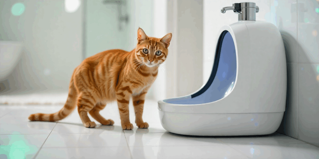 Cat with a self-cleaning litter box