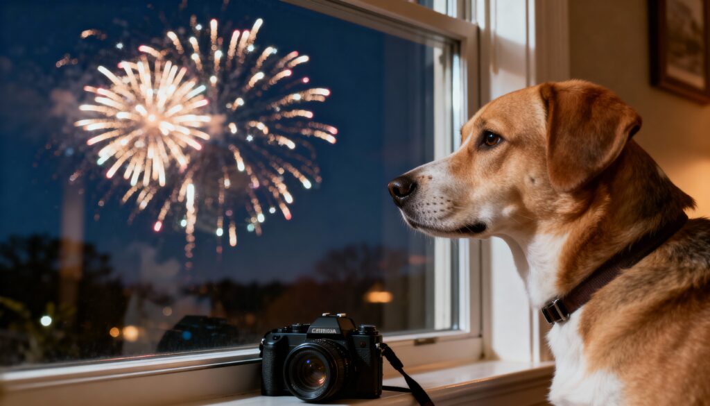Dog watching fireworks