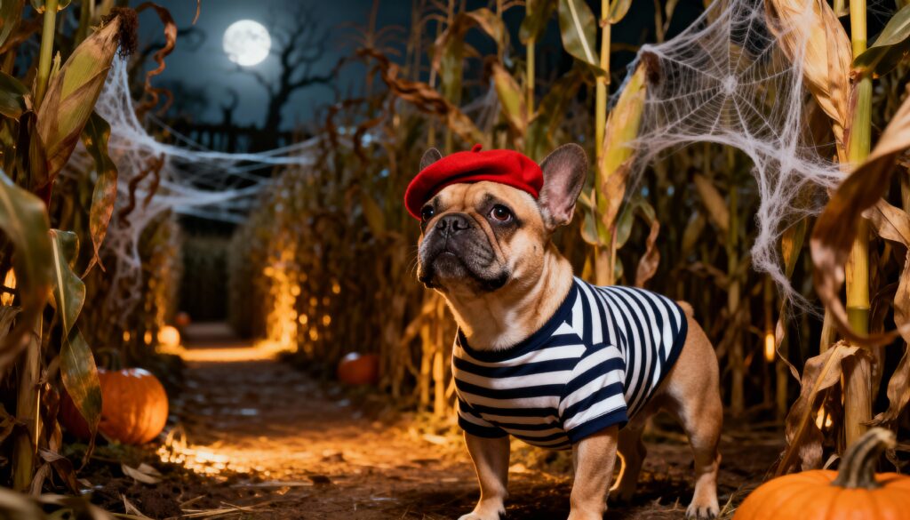 French bulldog dressed in a striped tee and beret