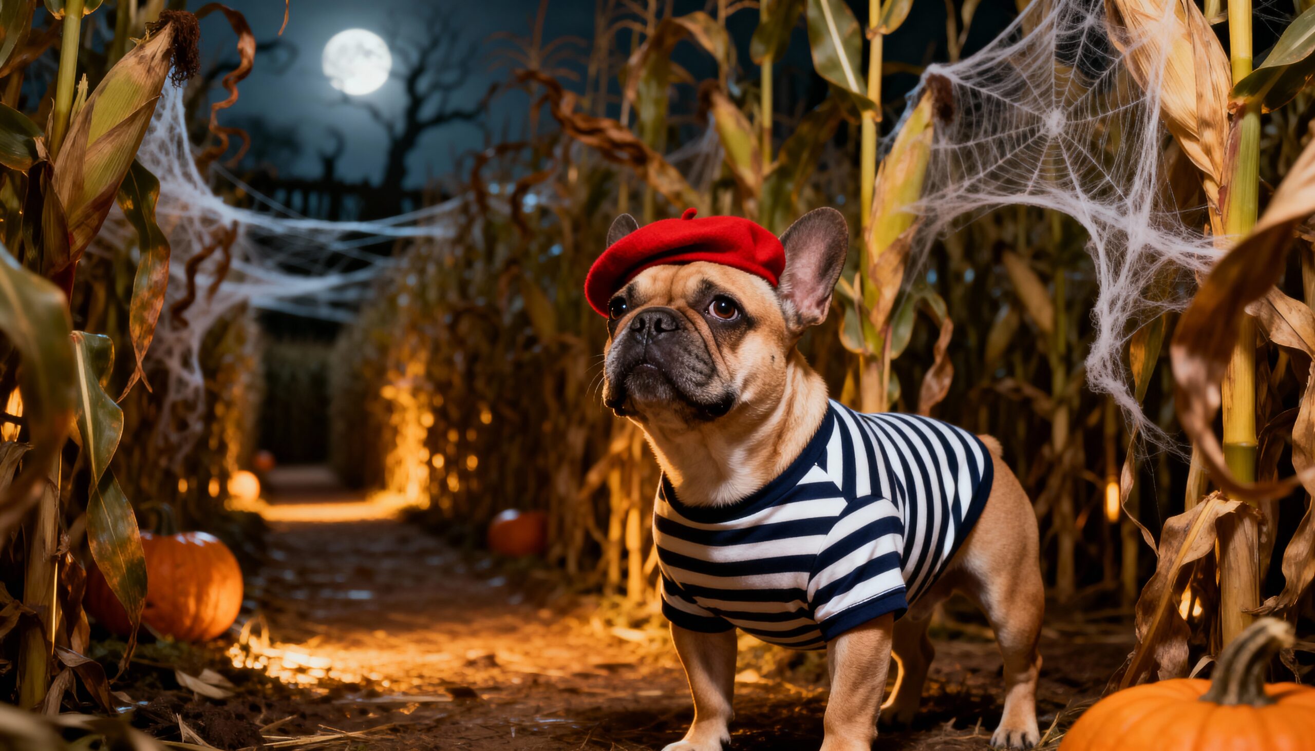 French bulldog dressed in a striped tee and beret