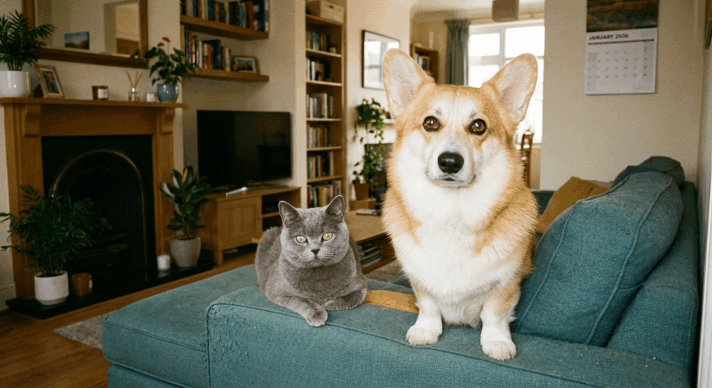 corgi and cat on a couch