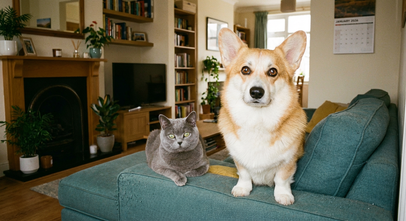 corgi and cat on a couch